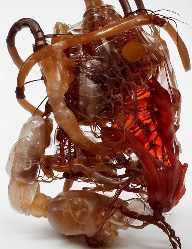 Prompt: a well - lit studio photograph of various earth - toned plastic translucent artificial hearts and organs, some wrinkled resembling reddish brown plastic cabbage, some long, various sizes, textures, and transparencies, beautiful, smooth, layered detailed, intricate art nouveau internal anatomy model, encased in clear plastic