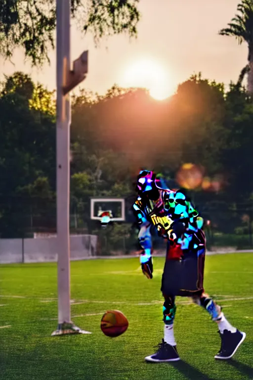 Image similar to lebron james playing basketball outside at sunset