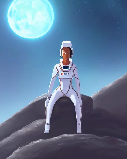 Prompt: concept art of a beautiful sleek futursitic astronaut, she is sitting in the edge of an alien cliff overlooking an alien landscape | | epic - fine - clean, polished, trending on artstation, anime style, brush strokes