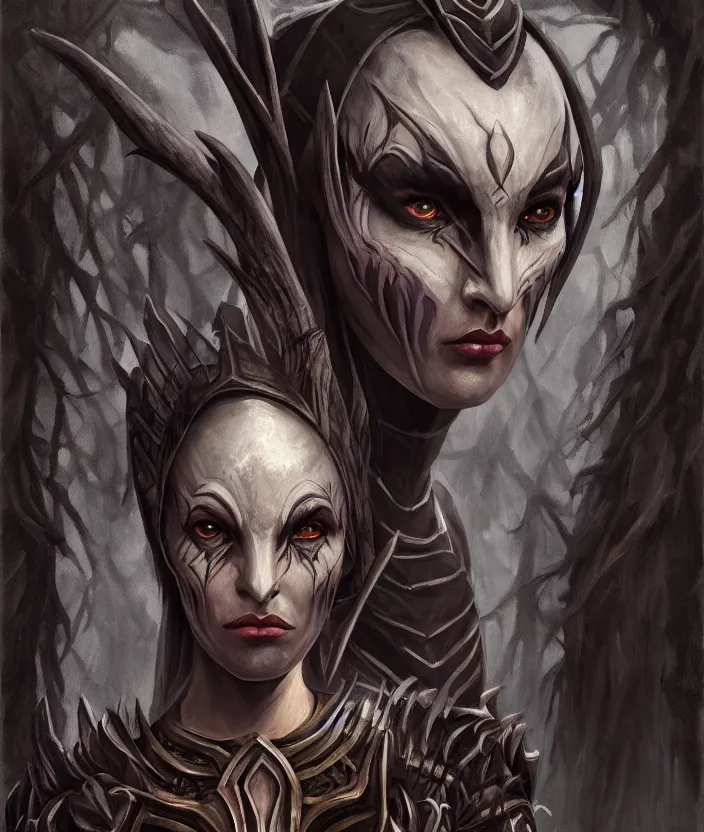 Image similar to a dark elf woman removes her daedric armor and prepares to set up camp by a stream in the woods, oil painting, aesthetic face, symmetrical face, magic, dark, gloomy, portrait, character portrait, concept art, symmetrical, 4 k, macro detail, realistic shadows, bloom, cosplay, dviant art