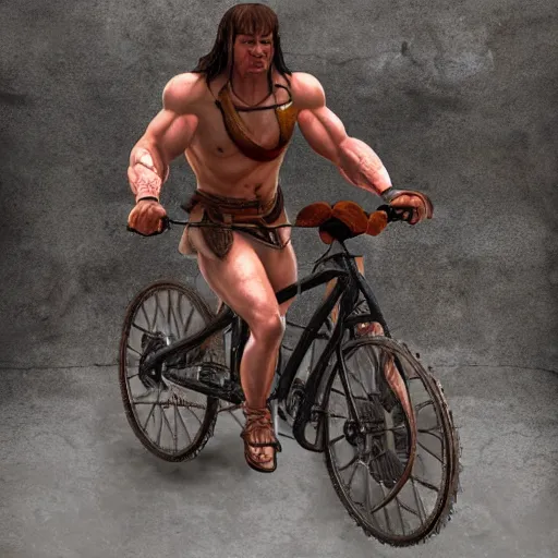 Image similar to Conan barbarian ride bycicle, photorealistic