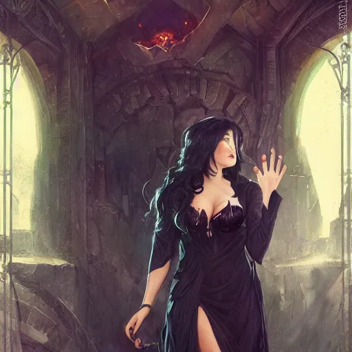 Image similar to a villainous, bewitching sorceress, auburn outfit, black hair, curvy crossfit build, fantasy portrait by greg rutkowski, gaston bussiere, larry elmore