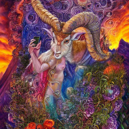 Image similar to detailed acrylic on canvas fantasy painting by josephine wall, horned ram goddess checking her cell phone, erupting volcano and sunset in distance, flowers in foreground, trending on artstation, by senior concept artist, intricately detailed, high resolution, hdr, 8 k