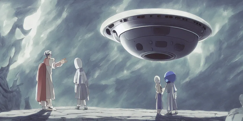 Image similar to an asymmetrical cell - shaded studio ghibli concept art study of a giant silver hovering ufo and an elegant alien greeting a middle eastern merchant. very dull colors,, hd, 4 k, hq