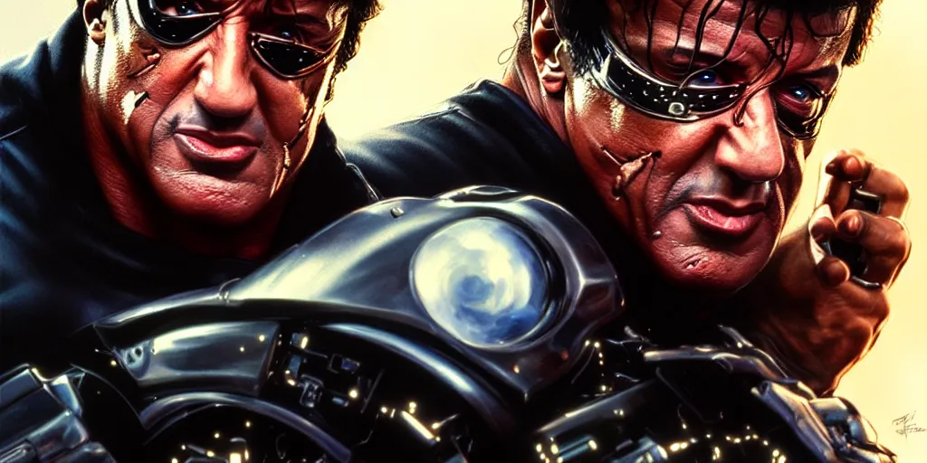 Image similar to sylvester stallone as the terminator, cinematic, highly detailed, digital painting, artstation, concept art, matte, sharp focus, illustration, art by artgerm and greg rutkowski and alphonse mucha