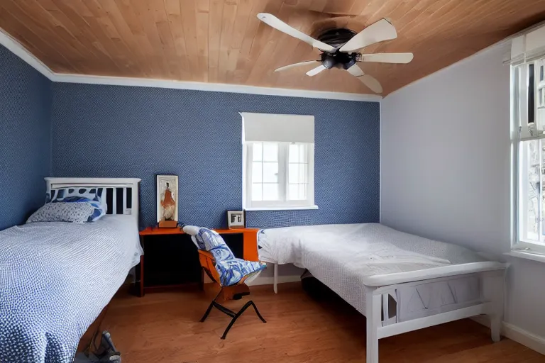Image similar to a 10 by 11 foot room with white with a criss cross pattern in blue grey walls, white ceiling, navy blue carpet, a small bed, desk, two wooden wardrobes, a little side table in a light wood veneer, a window, desk fan, table light, and an old TV, and a ceiling fan gives off a dim orange light. Old