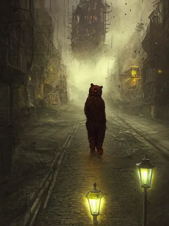Prompt: A huge scary gummy bear killer is chasing me at night,dark street,alone,dim light,realistic,by Andrei Riabovitchev,Alex Horley,Heather Theurer,aaron horkey,Greg Rutkowski,trending on pinterest,full of color,cinematic,cinematic lighting