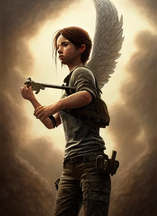 prompthunt: ellie from last of us 2 as an angel, fine art, intricate,  elegant, highly detailed, realistic hair, centered, digital painting, art  station, conceptual art, soft, sharp focus, illustration, artwork, artgerm,  tomasz