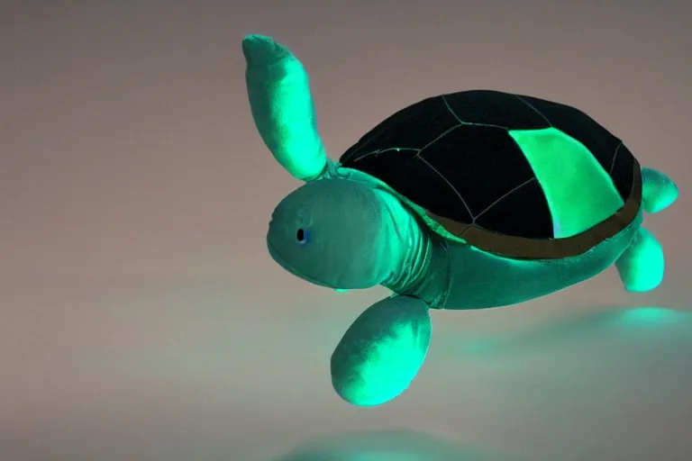 Image similar to turtle plushie in cyberspace, in 2 0 5 5, y 2 k cybercore, industrial low - light photography, still from a ridley scott movie