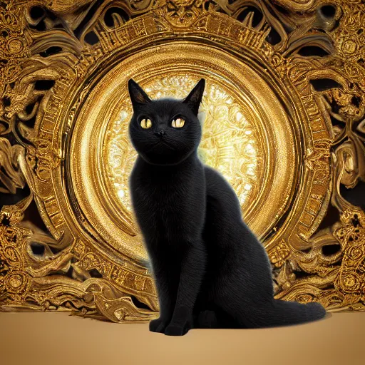 Image similar to black void cat with golden glowing eyes, fairytale, beautiful, intricate, elegant, ornate, super detailed, Octane render, reflections