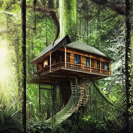 Prompt: “ treehouse in rainforest, photoreal, hq ”