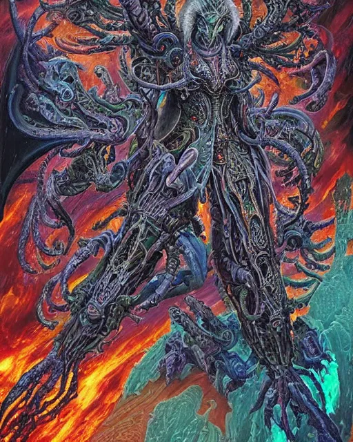 Prompt: silver mechanical charred bloody fleshmetal obliterator cyborg daemonhost woman wearing robes, psychedelic flamer of tzeentch with extra arms gunner, blue and green rainbow fire, by antonio j. manzanedo, alex grey, android jones, wayne barlowe, philippe druillet, josephine wall, harumi hironaka, cronenburg, trending on artstation