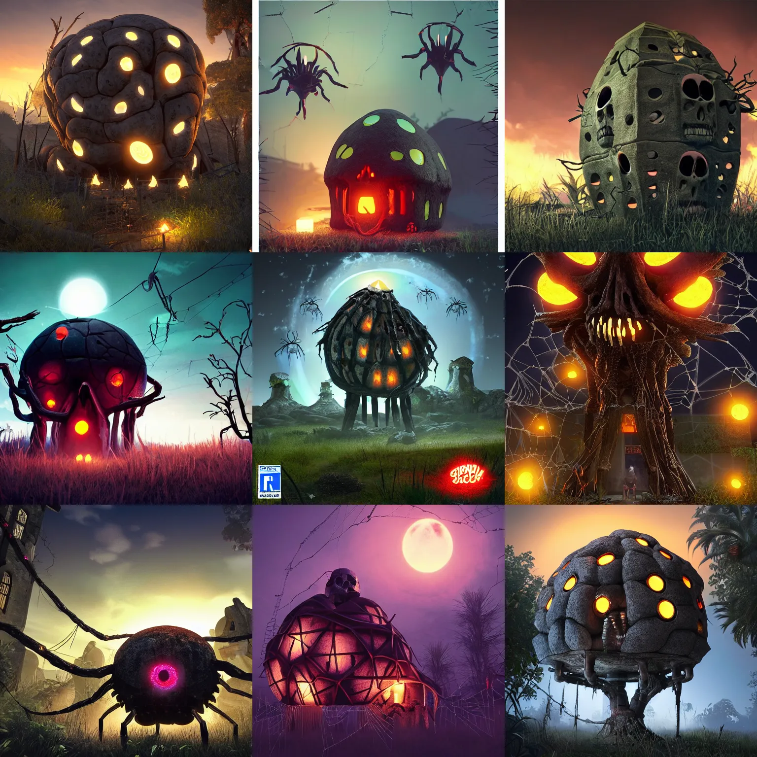 Prompt: giant skull spider house with bright glowing eyes at dusk, pc boxart