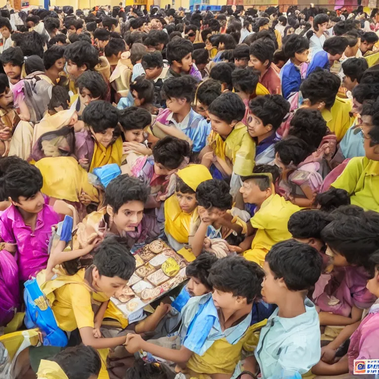 Image similar to a girl getting yellow packet of chocolates for two boys, college canteen area, surrounded by a lot of people, highly detailed, 4k, satisfying