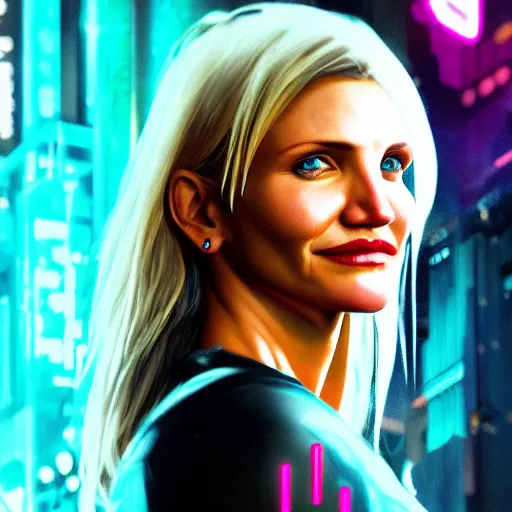 Prompt: cameron diaz portrait, Cyberpunk 2077, cyberpsycho, photorealistic, ultra detailed, neon, octane, bokeh, cyber, cyberpunk city, feature, scars, cyberface, 8k