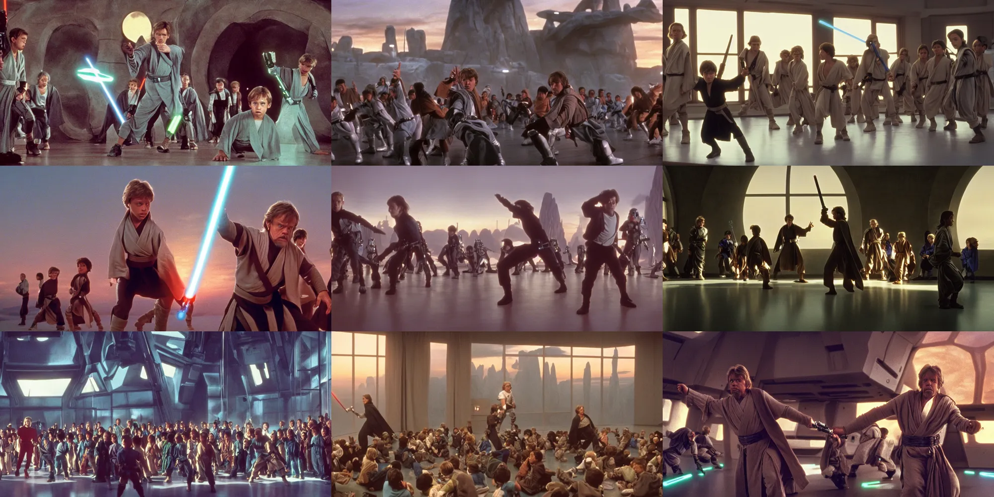 Prompt: A full color still of Mark Hamill as Jedi Master Luke Skywalker training a diverse room of young Jedi padawans, with large windows showing a sci-fi city outside, at dusk at golden hour, from The Phantom Menace, directed by Steven Spielberg, 1997