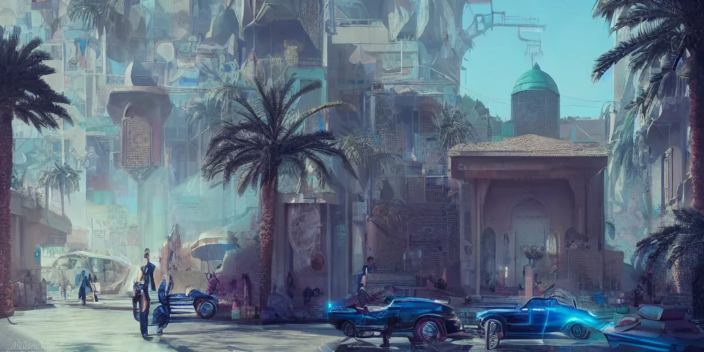 Prompt: Cyberpunk Marrakech, palm trees, Flying vehicles ,Moroccan mosque ,WLOP, James Jean, tom bagshaw, rococo, trending on artstation, fantasy, intricate, elegant, highly detailed, digital painting, concept art, smooth, illustration, cinematic lighting, hyper realism, octane render, 8k, hyper detailed.