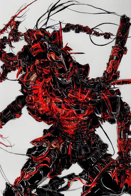 Image similar to a drawing of a flaming cybernatic samurai, red armor by yoji shinkawa and tsutomu nihei, detailed art, highly detailed, trending on artstation