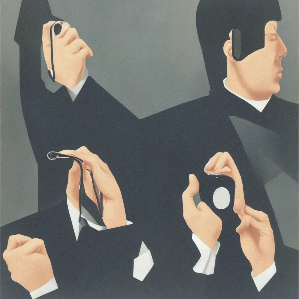 Prompt: i, a man wearing airpods pro and playing his iphone, by rene magritte