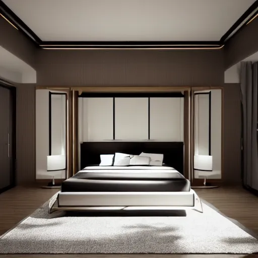Prompt: a modern minimalist art deco bedroom