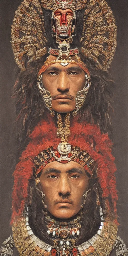 Image similar to a stunning and noble highly detailed romantic period style portrait of the head of Aztec emperor Montezuma, by Josep Tapiró Baró, trending on artstation, oil painting masterpiece, symmetry, fractals, Aztec iconography