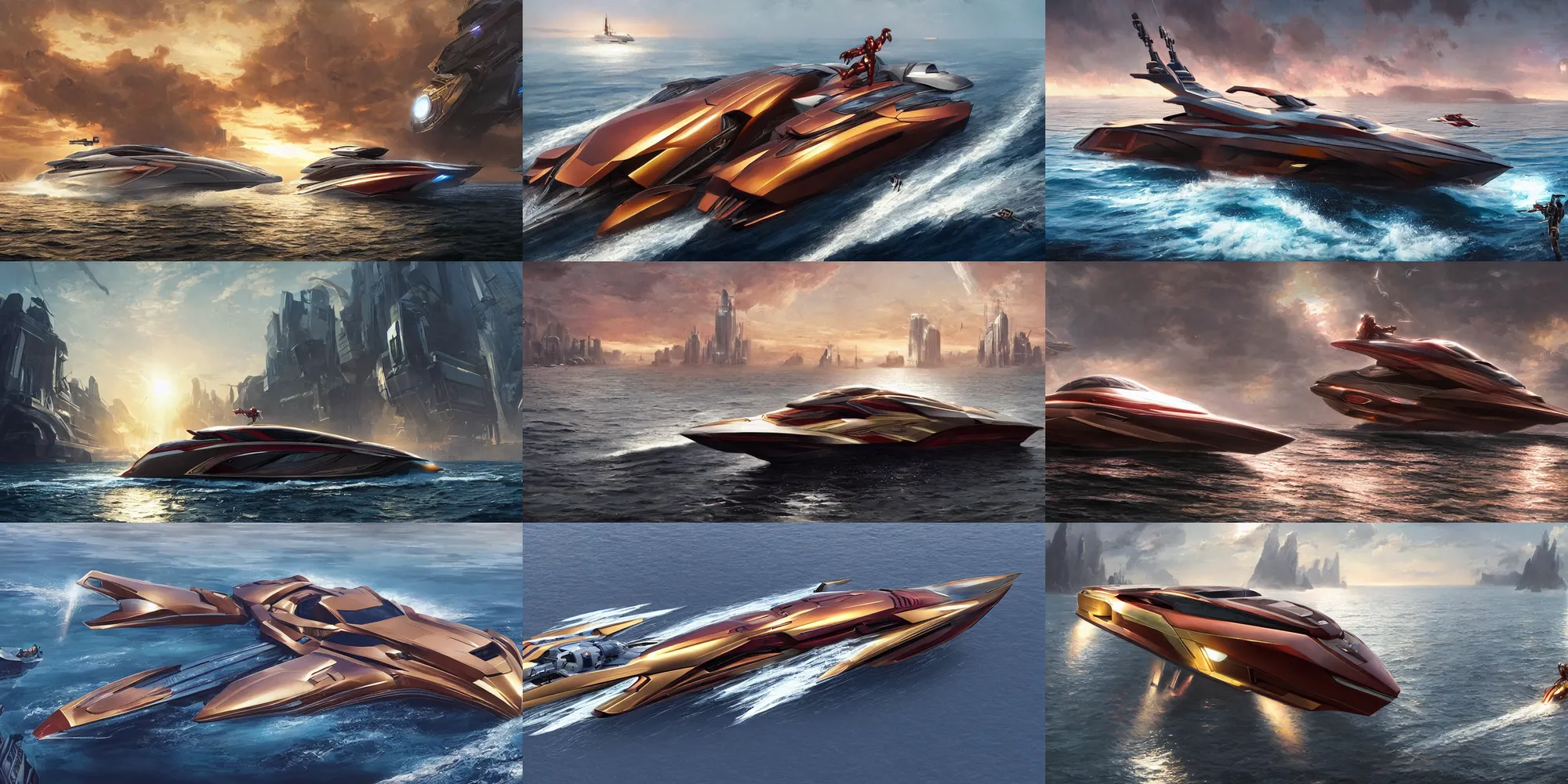 Prompt: an iron man concept yacht, cyberpunk speedboat, battle, ultra realistic, sci-fi, fantasy, smooth, intricate, highly detailed, golden hour, epic lighting, concept art, sharp focus, artstation, CGSociety, art by greg rutkowski and syd mead