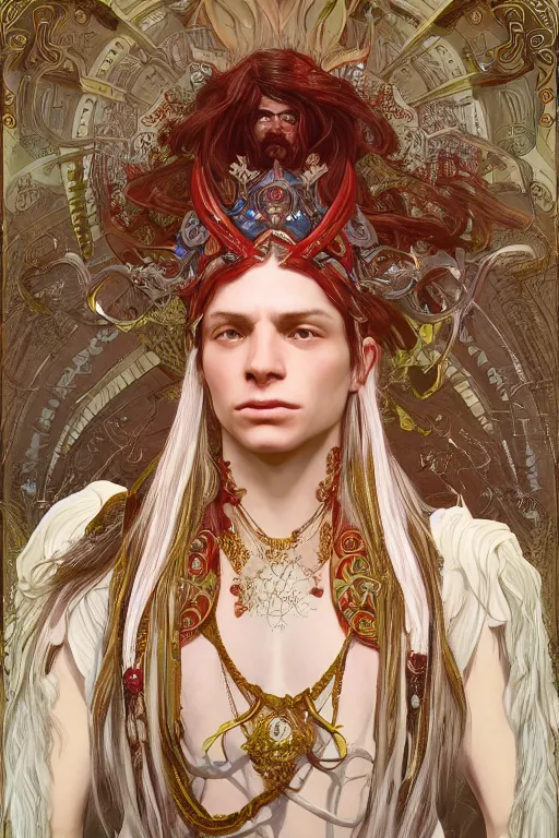 Prompt: 3 / 4 portrait, beautiful, man with a pair of horns, in opal armor, fantasy, white and red intricate long braids, ornate jewelry, by greg rutkowski, alphonse mucha, super detailed, 8 k, unreal engine 5, cinematic