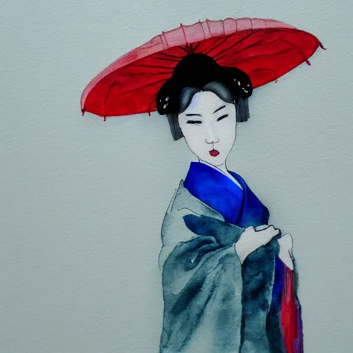 Image similar to dramatic portrait of a geisha holding and umbrella in a rainstorm at dusk : dynamic lighting / watercolor / close - up :