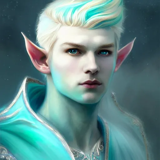Image similar to handsome male snow elf in a turquoise cape and silver ornate armour, highly detailed face, albino skin, pointed ears, ethereal opalescent mist, moonlight snow, fantasy art, perfect face, elegant, very coherent symmetrical artwork, atmospheric lighting, rule of thirds, by wenjun lin, krenz cushart, charlie bowater, trending on artstation
