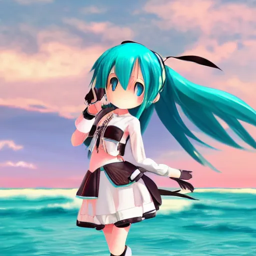 Prompt: hatsune miku takes a walk on evening beach, photo, f 2,4