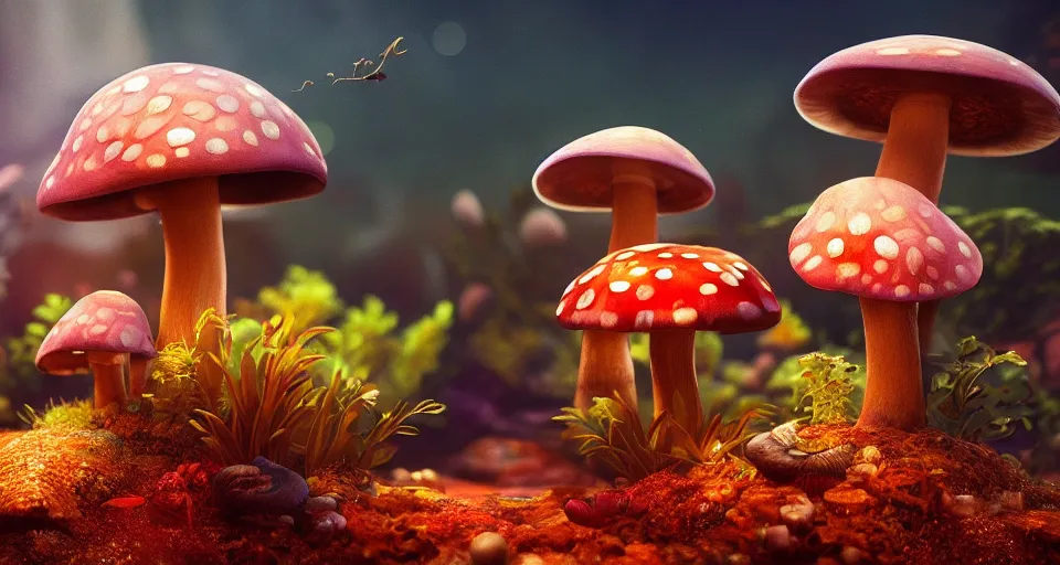 Prompt: a beautiful painting of a mushroom fish, octane render, brilliantly coloured, intricate, ultra wide angle, trending on artstation, dusk, volumetric lighting, polished, micro details, ray tracing, 8k