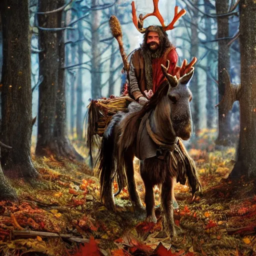 Image similar to hippie tribal hobo wearing twigs and leaves smiling sheepishly, riding tiny scuffy donkey with novelty oversized antlers, autumn forest, highly detailed, dramatic lighting, night time, cinematic, hyperrealistic, detailed, movie still from game of thrones