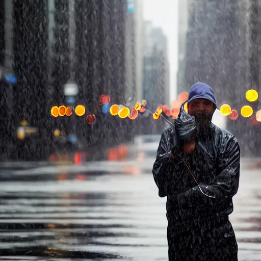 Image similar to closeup portrait of a man fishing in a rainy new york street, photography, natural light, ƒ1.8, 35mm