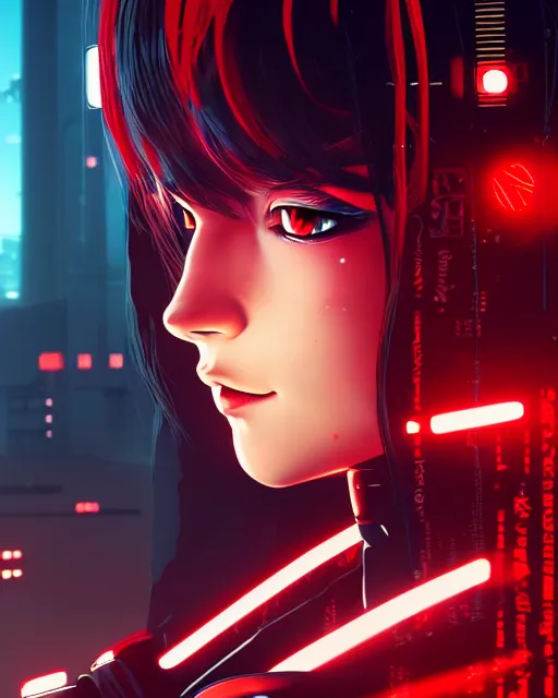 Image similar to a detailed potrait of a cyberpunk cyborg girl with black and red parts, perfect face, realistic shaded perfect face, detailed. night setting. very anime style. realistic shaded lighting poster by ilya kuvshinov katsuhiro, unreal engine, global illumination, radiant light, detailed and intricate environment