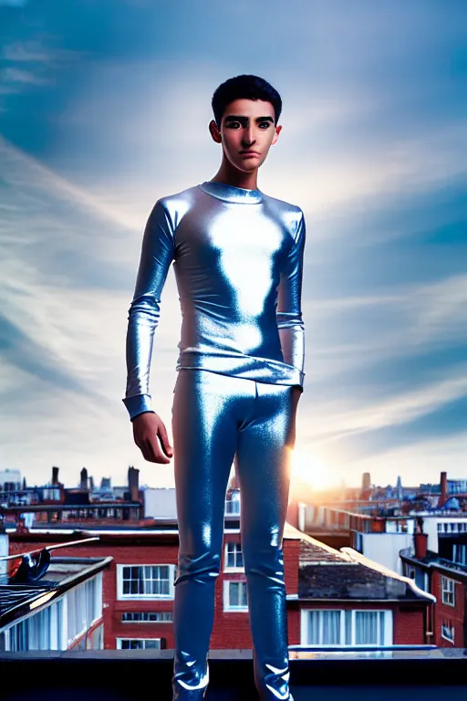 Image similar to un ultra high definition studio quality photographic art portrait of a young man standing on the rooftop of a british apartment building wearing soft padded silver pearlescent clothing. three point light. extremely detailed. golden ratio, ray tracing, volumetric light, shallow depth of field. set dressed.