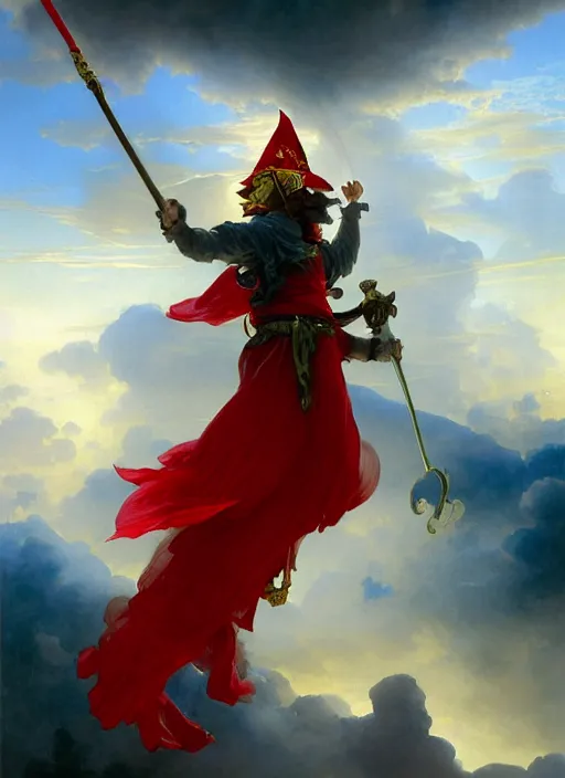 Image similar to Full View of a boisterous Red Mage wearing striped shining armor and a feathered hat holding a staff of power surrounded by an epic cloudscape. Magus. Red Wizard. Morpheus. masterpiece. 4k digital illustration. by Ruan Jia and Artgerm and Andreas Rocha and William-Adolphe Bouguereau and Edmund Blair Leighton. award winning, Artstation, intricate details, realistic, Hyperdetailed, 8k resolution. Concept Painting. Key Art