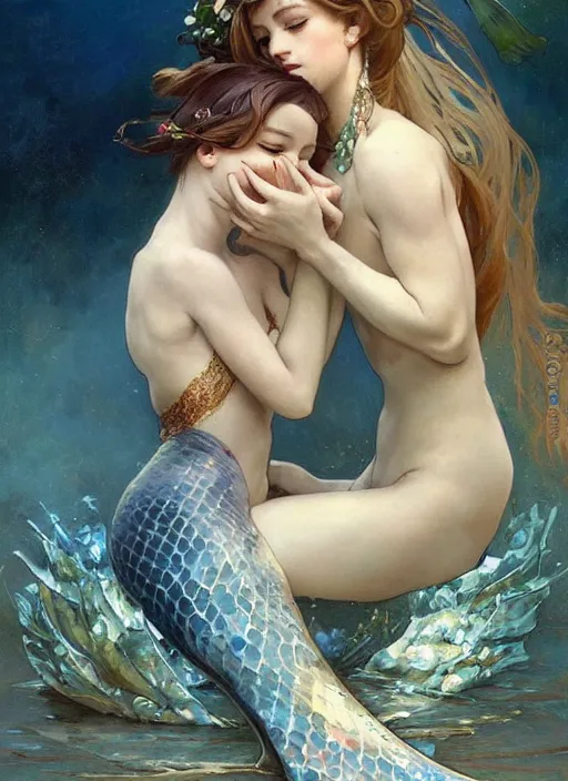 Image similar to a beautiful painting of a mermaid mother cradling her baby, stunning fantasy painting by by artgerm and greg rutkowski and alphonse mucha