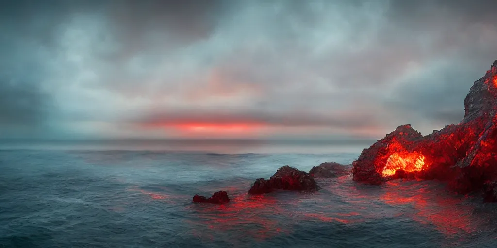 Image similar to beautifully hellish seascape photography by carr clifton, by galen rowell # film kodak ektar 8 k resolution ; night on a fantasy world, concept art by daniel lieske, by dan witz 8 k 3 d 1 6 k,