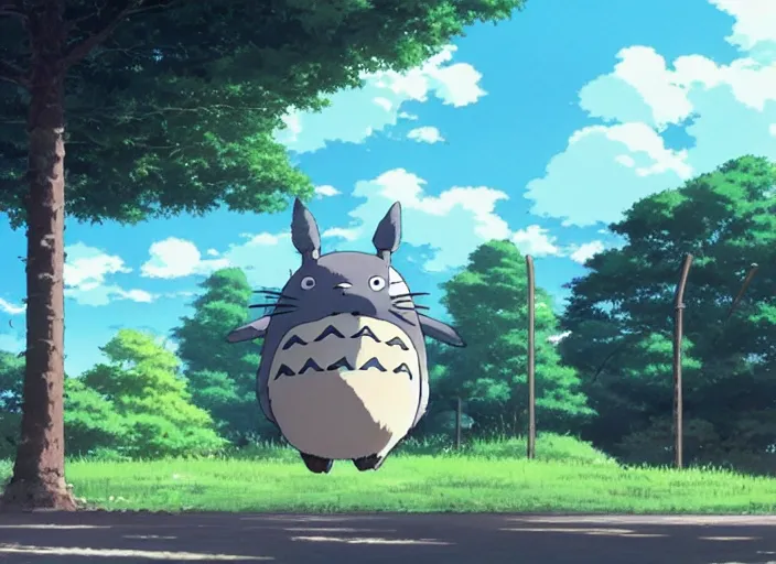 Image similar to a totoro standing next to a bus-stop , wide shot, peaceful and serene, incredible perspective, anime scenery by Makoto Shinkai, very detailed