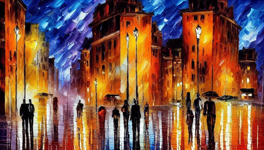 Image similar to painting afremov leonid evening landscape in the city and two people on the road