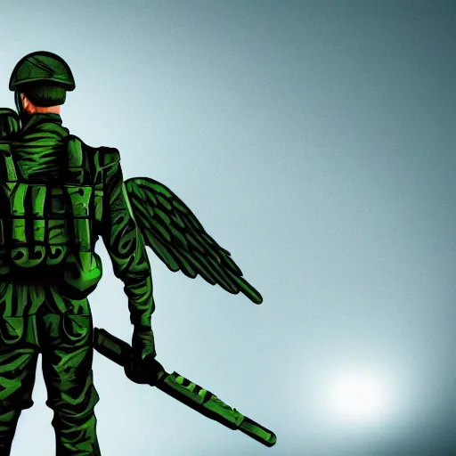 Image similar to soldier with wings as angel defending city, night time, only green colours, green, green palette, sad, chill, fantastic, 4 k, 8 k, super detailed, hyper realistic