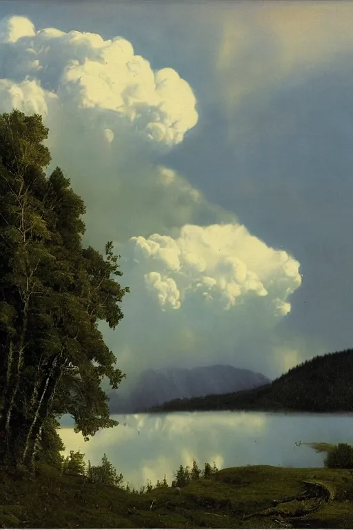 Prompt: mammatus pileus clouds over a summer landscape in the swiss alps forest and lake, arkhip kuindzhi