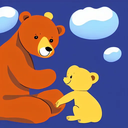 Prompt: bear playing with a baby human doll. cartoon. digital art. high quality. high fidelity