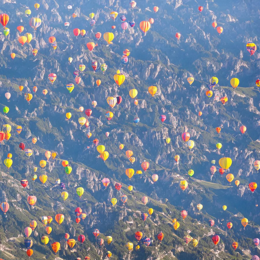 Prompt: sky parade of colorful zeppelins and balloons flying over swirling dolomites, birds eye view, casting shadows, light rays