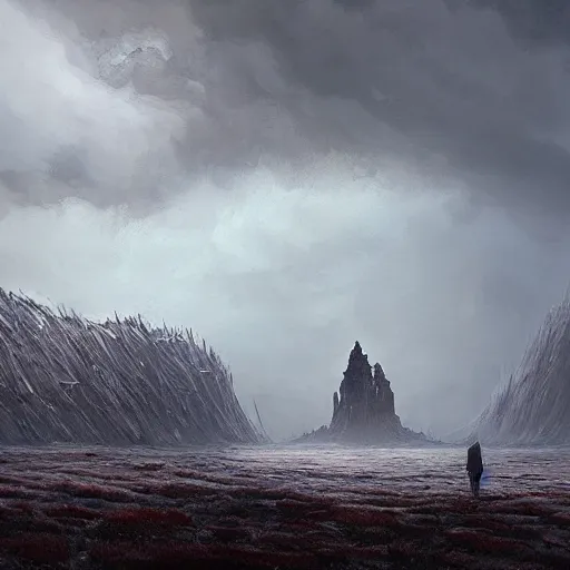 Prompt: giant colossus by grzegorz rutkowski and richard wright, atmospheric haze, stormy, tundra, princess in foreground, large scale