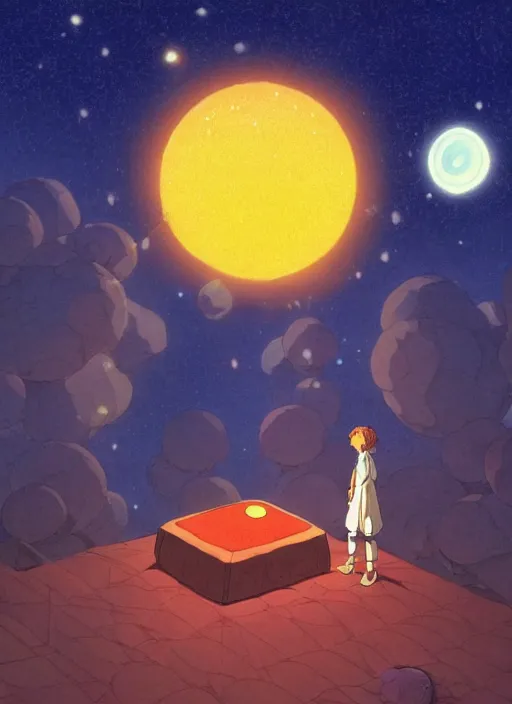 Image similar to a realistic cell - shaded studio ghibli concept art from paprika ( 2 0 0 6 ) of a floating cube from close encounters of the third kind ( 1 9 7 7 ) and a monk meditating on a misty starry night. very dull colors, hd, 4 k, hq