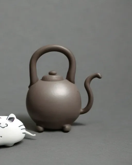 Image similar to a creepy white tea kettle shaped like a cat with a little porcelain gray mouse on the tip of it's spout