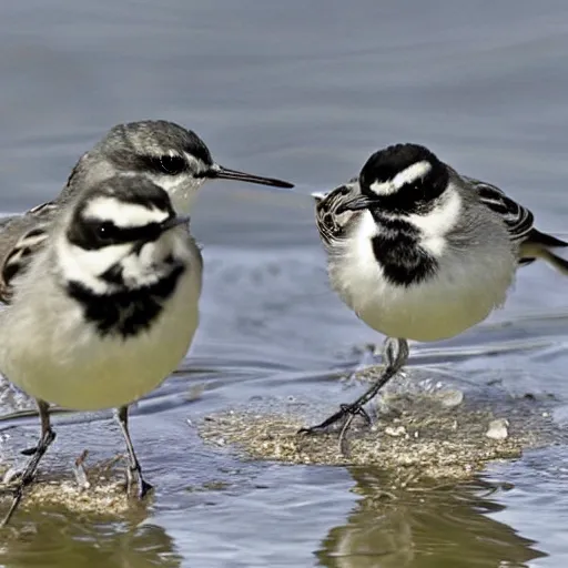 Prompt: three wagtails having a cool birthday party, photo, highly detailed