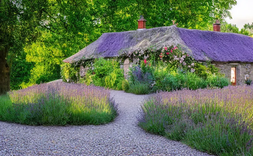 Image similar to Dutch limestone cottage farm, Jerkinhed roof, rustic wood timberwork lavender bushes in the garden, full of flowers, surrounded by oak trees, a cobblestone pathway, dawn, 8K