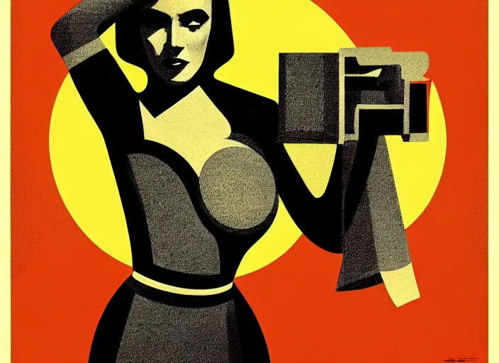 Image similar to portrait of a heroine for a happy planet, colorful,modern art deco, Mads Berg, Karolis Strautniekas,small finely stippled light, dramatic lighting,fine texutre,propaganda poster, editorial illustration, detailed, matte print, film noir, dynamic composition,moody